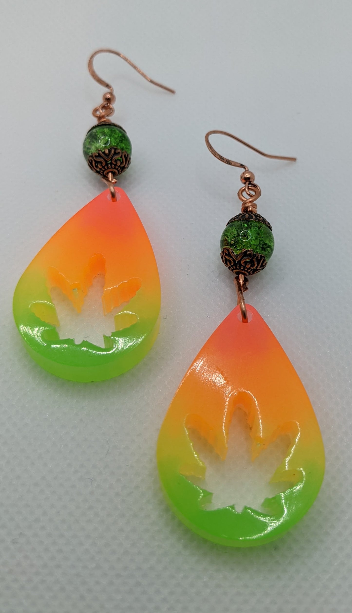 Orange, Yellow & Green Teardrop Leaf Earrings - Earrings