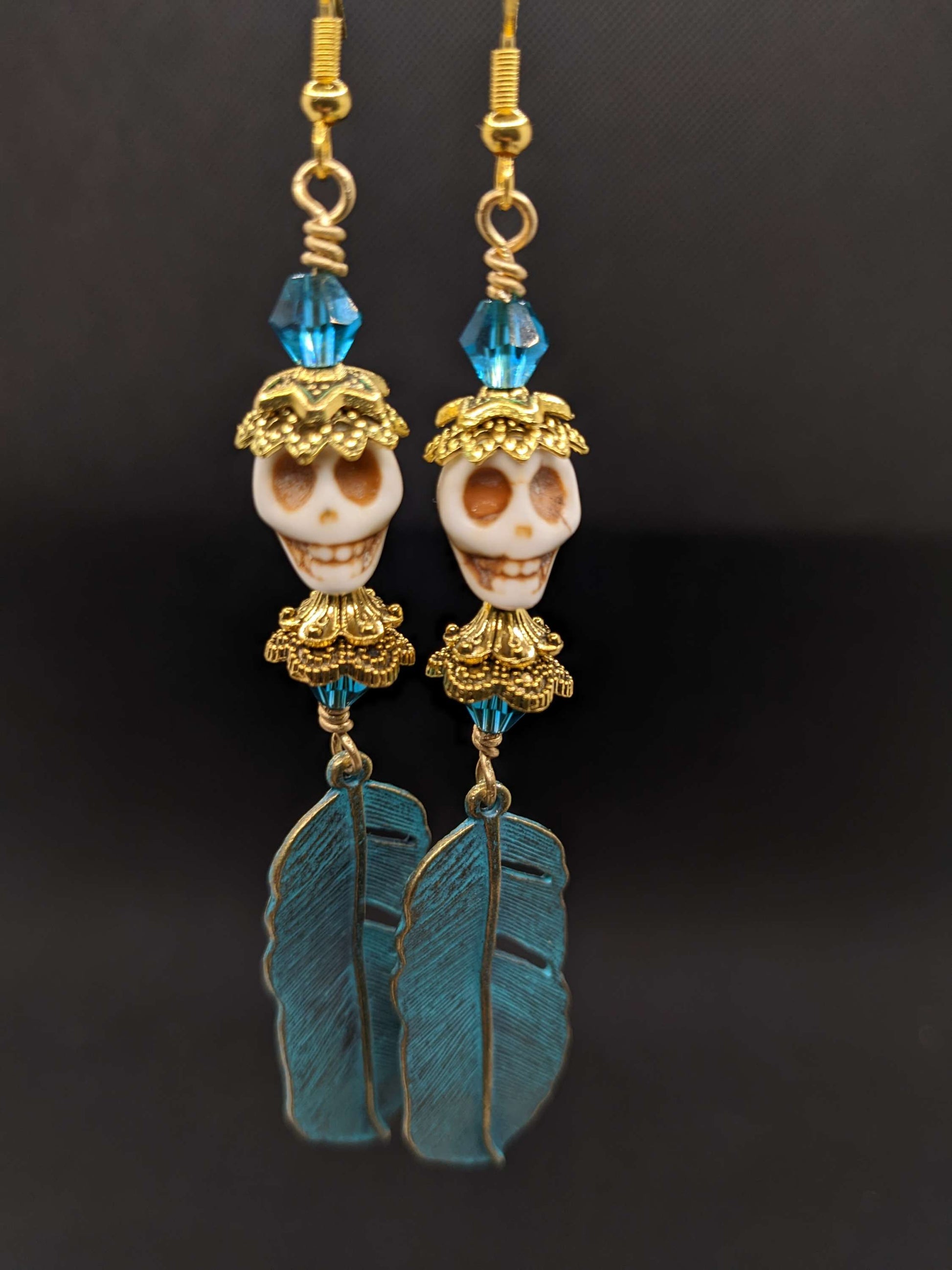 Skull and Patina Feather Earrings - Earrings