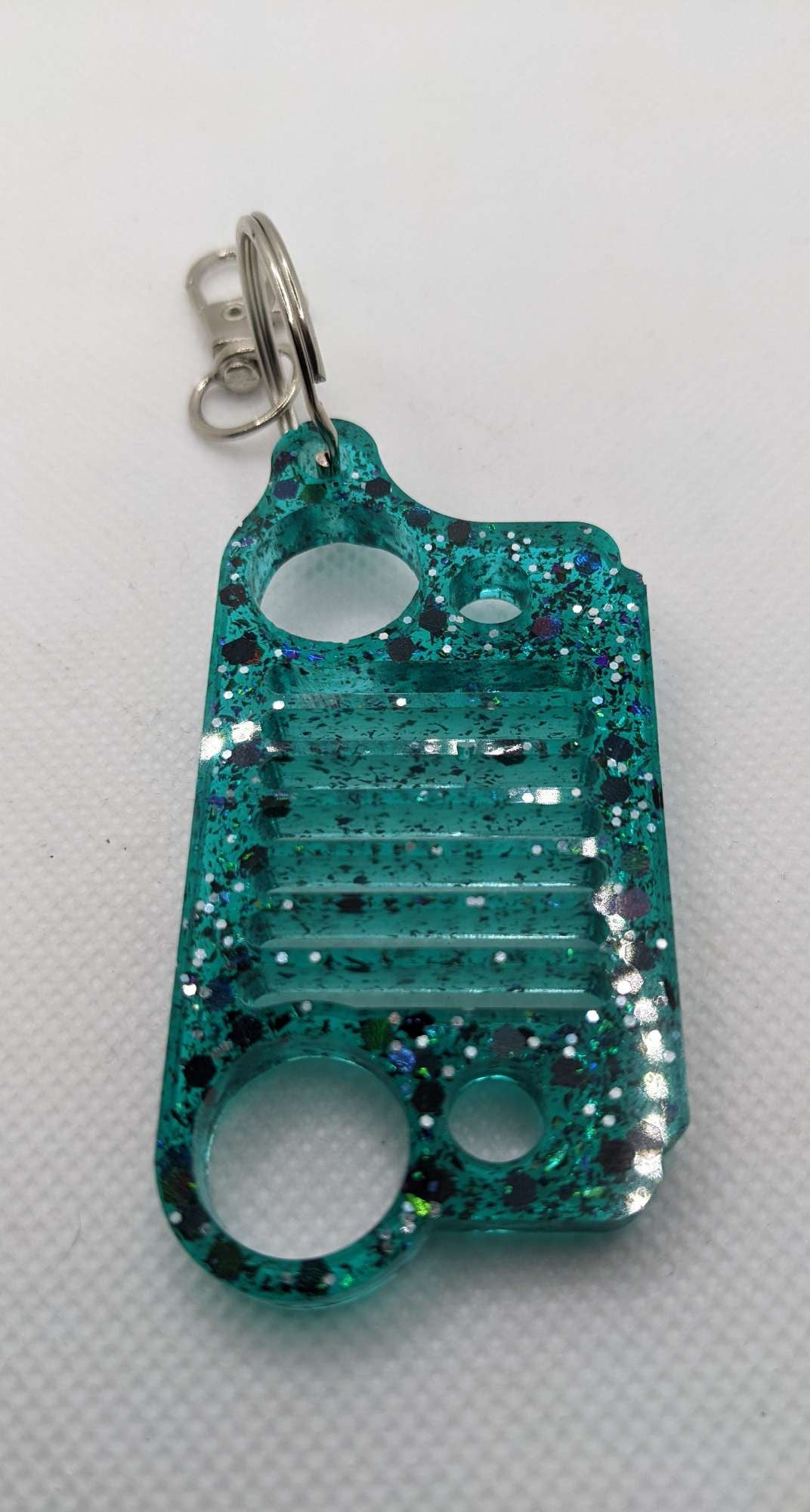 Teal and Black Holographic Glitter 4x4 Grill - Keychain