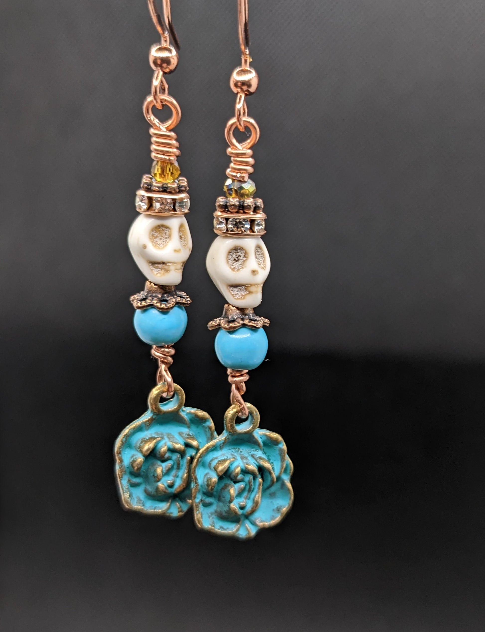 Skull and Patina Rose Earrings - Earrings