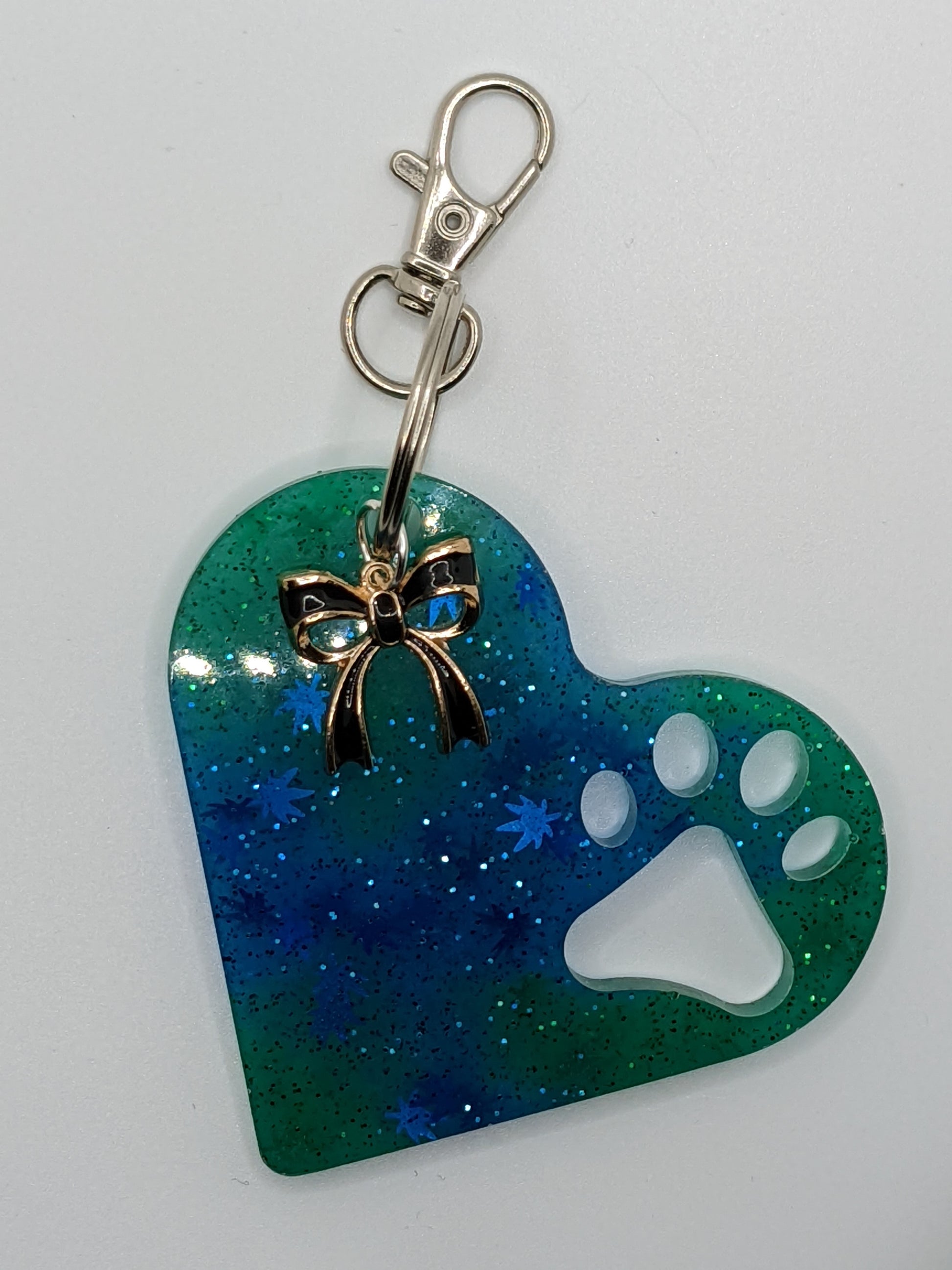 Blue & Green Leaf Glow Paw Prints on My Heart - Keychain