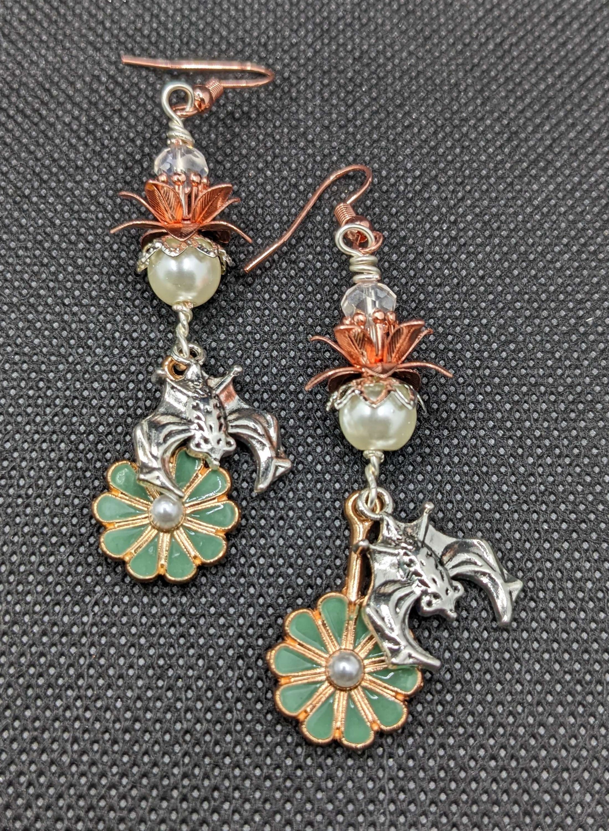 Fruit Bat & Sage Green Flower Earrings - Earrings