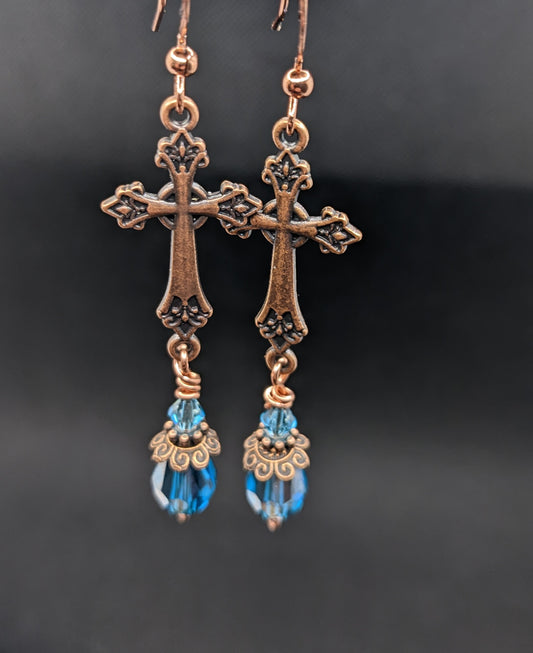 Crosses & Blue Crystal Earrings - Earrings