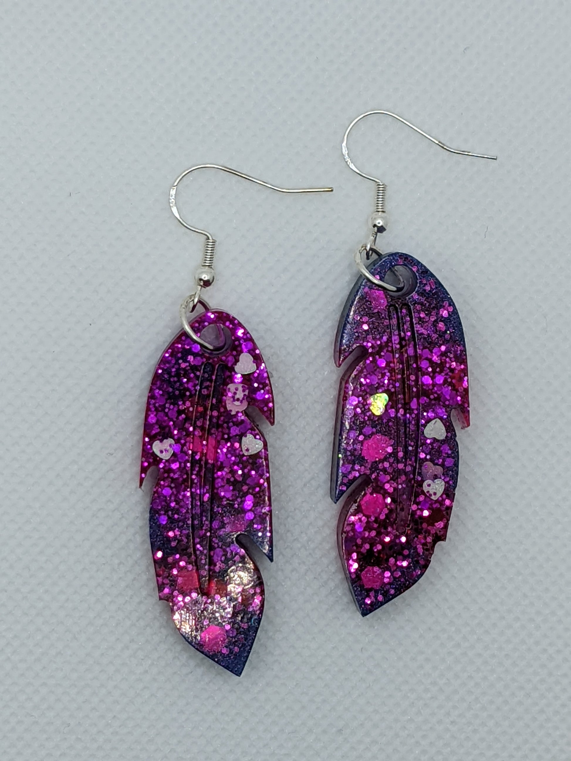 Dark Pink & Purple Glitter Feather Earrings - Earrings