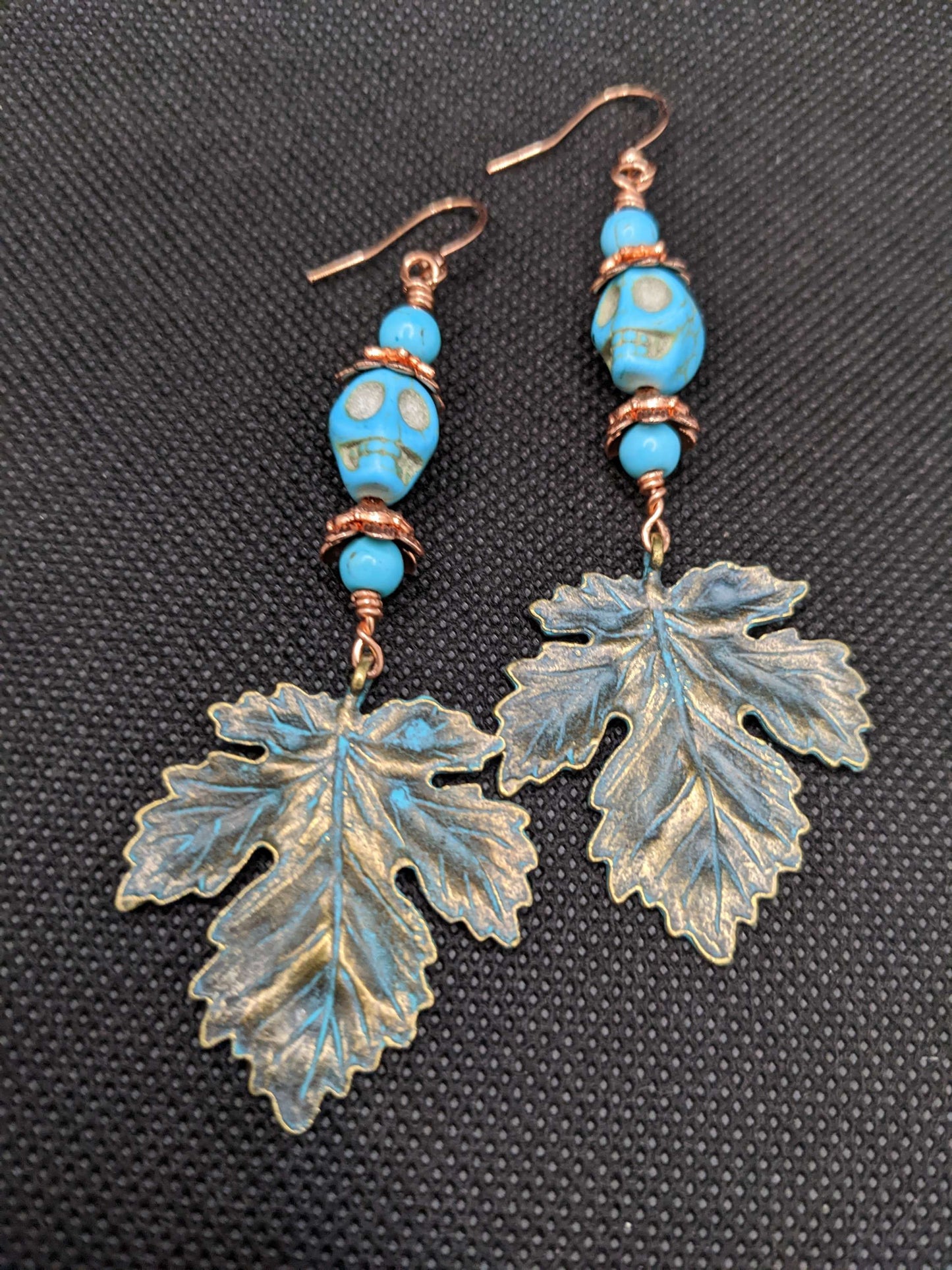 Skull and Patina Leaf Earrings - Earrings