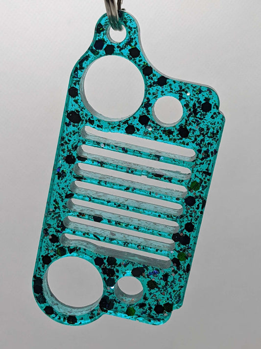 Teal and Black Holographic Glitter 4x4 Grill - Keychain