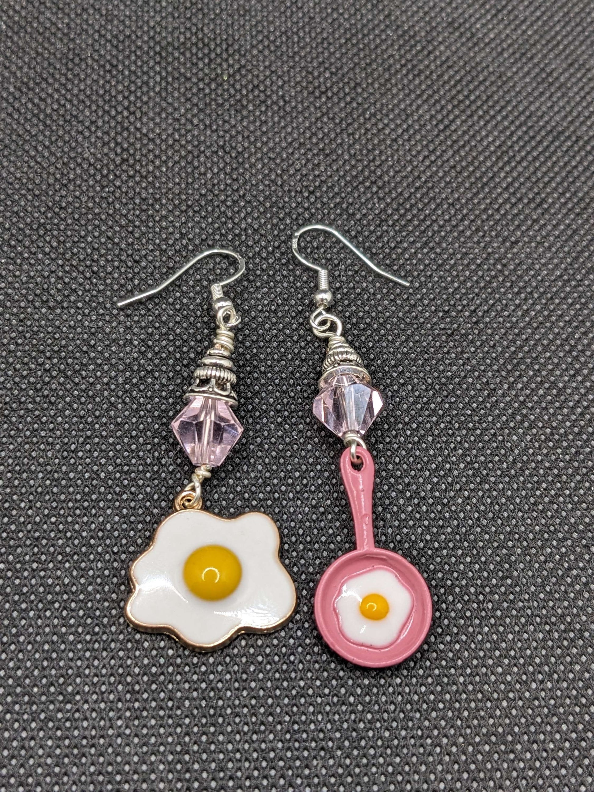 Pink Crystals & Fried Egg in pan Earrings - Earrings