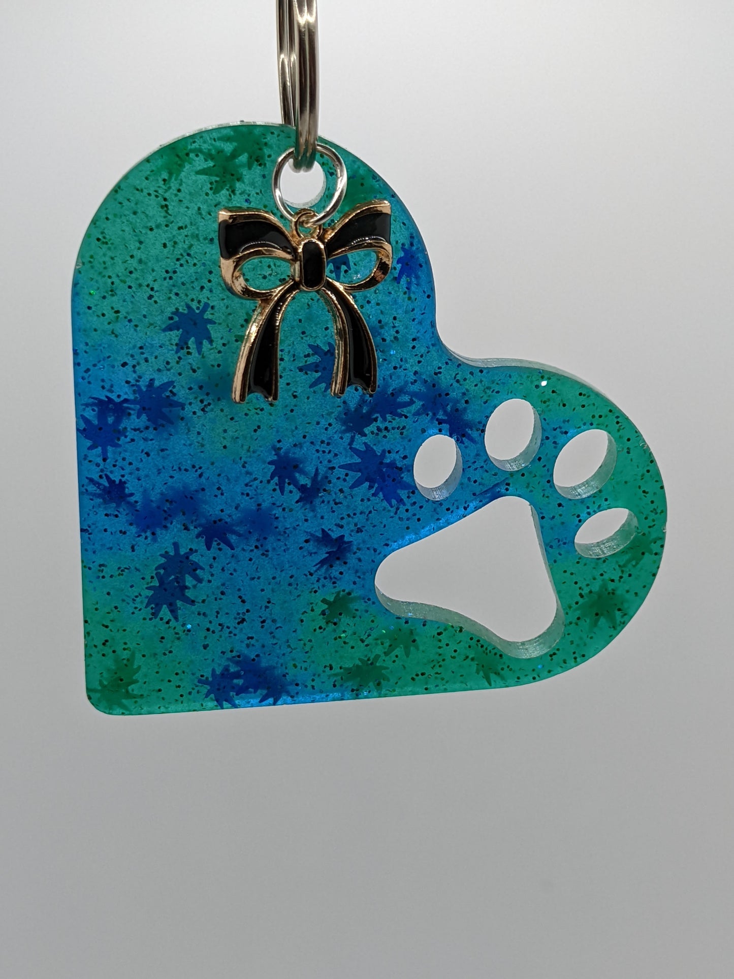 Blue & Green Leaf Glow Paw Prints on My Heart - Keychain