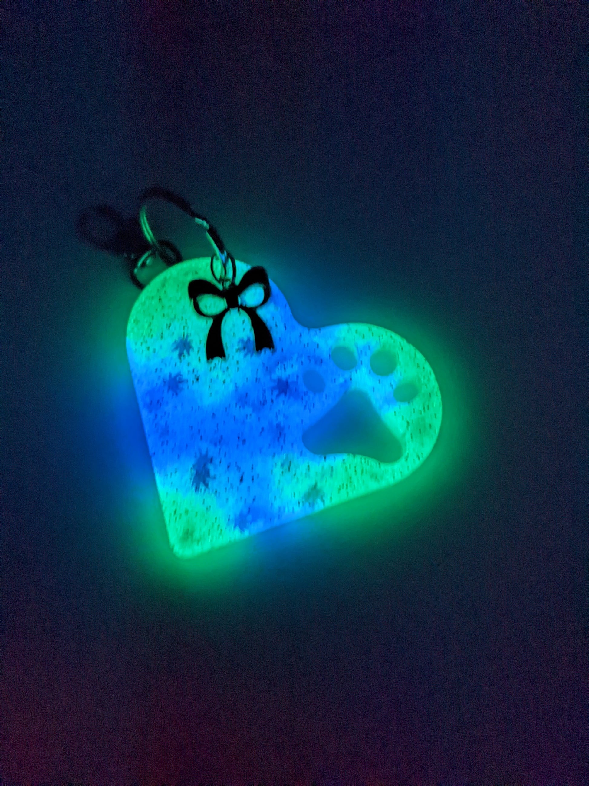 Blue & Green Leaf Glow Paw Prints on My Heart - Keychain