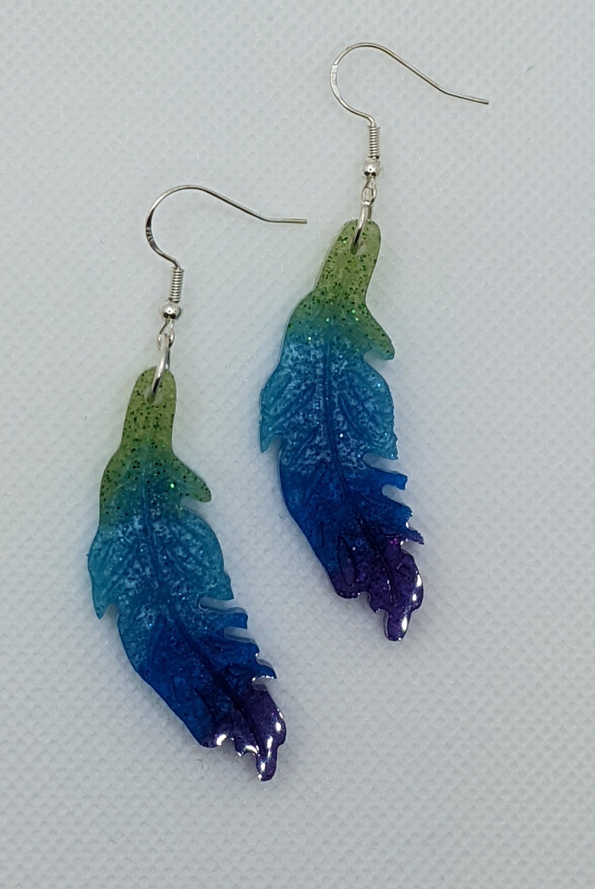 Green, Teal & Blue Feather Earrings - Earrings