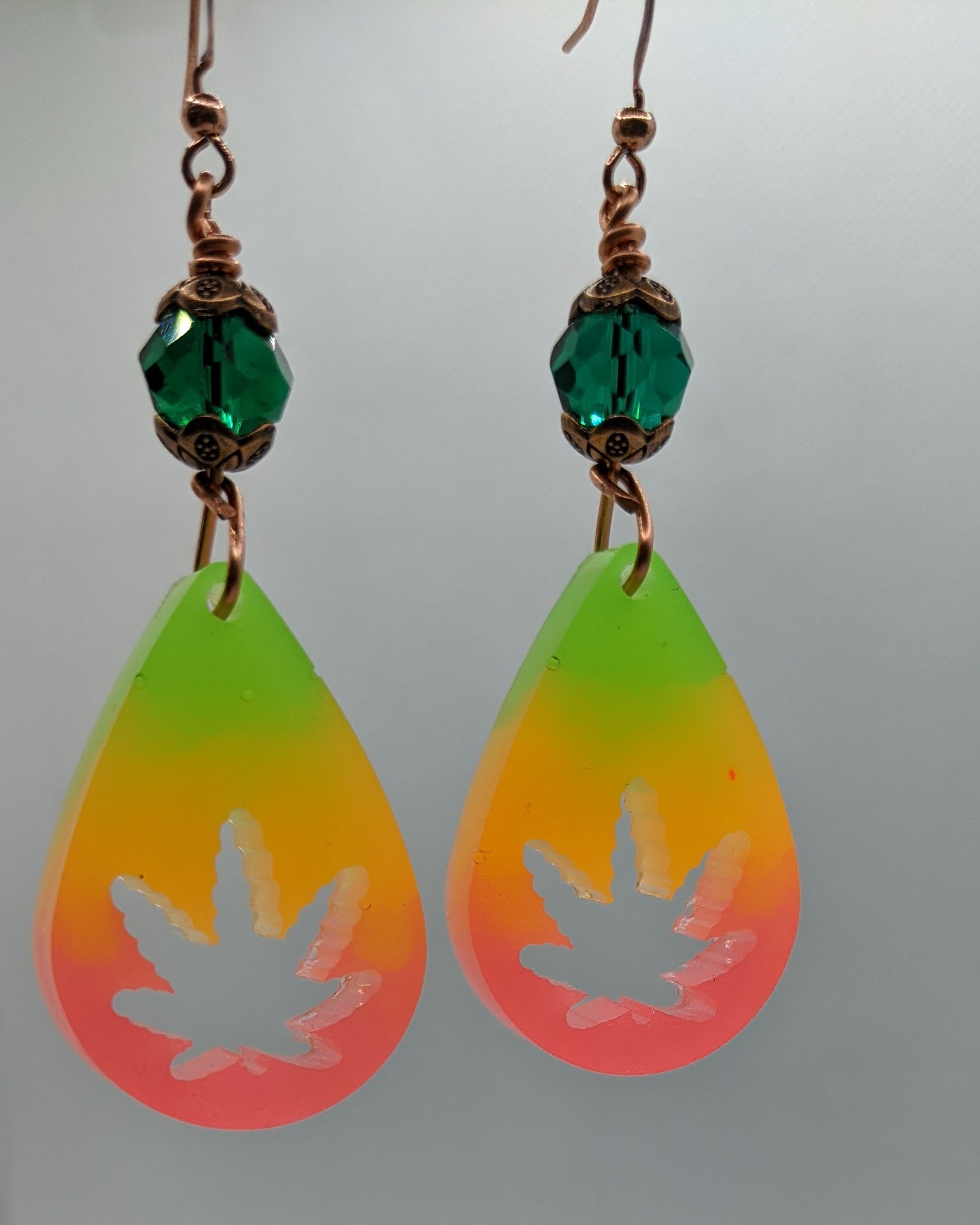 Green, Orange & Pink Teardrop Leaf Earrings - Earrings