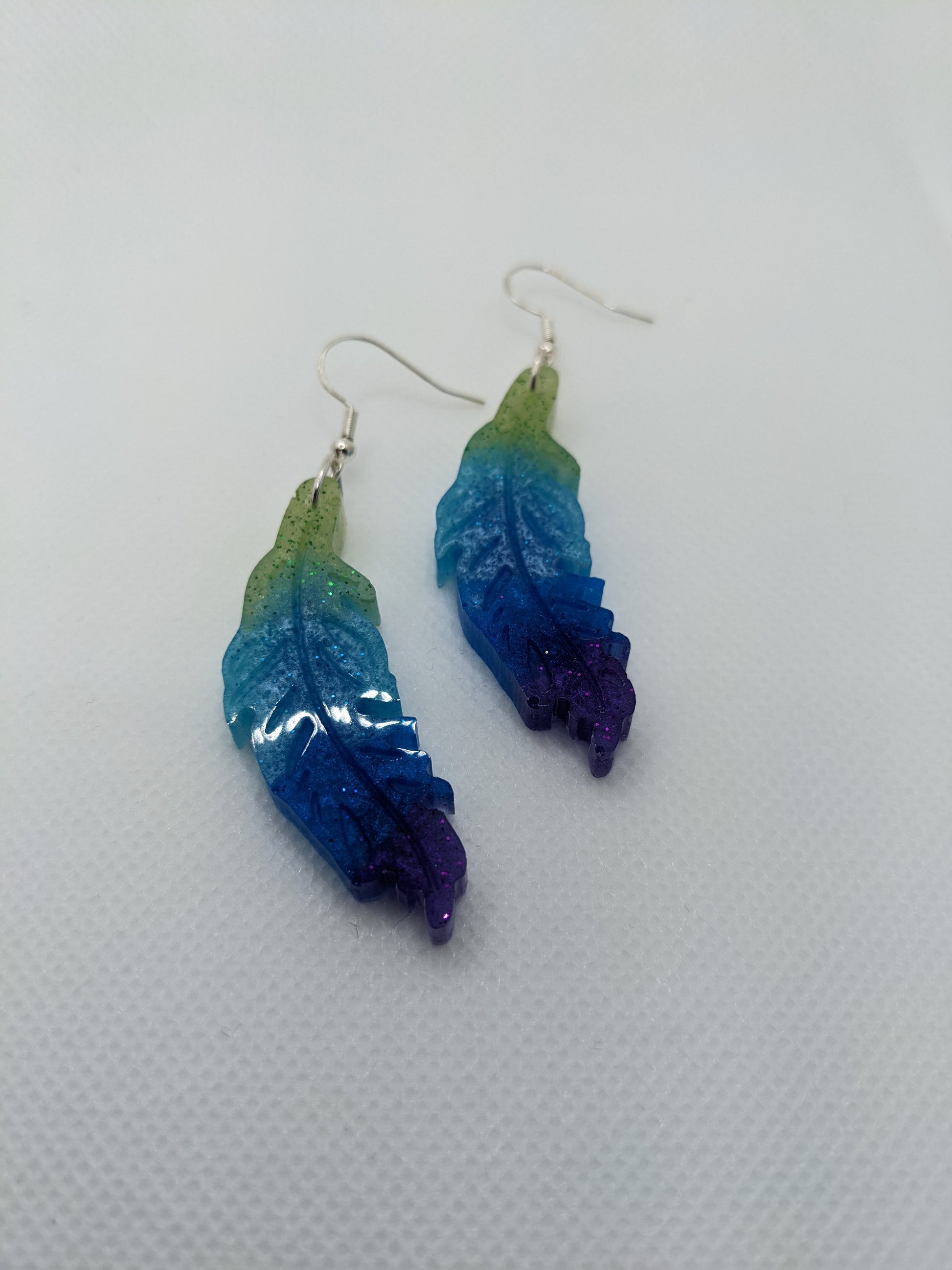 Green, Teal & Blue Feather Earrings - Earrings