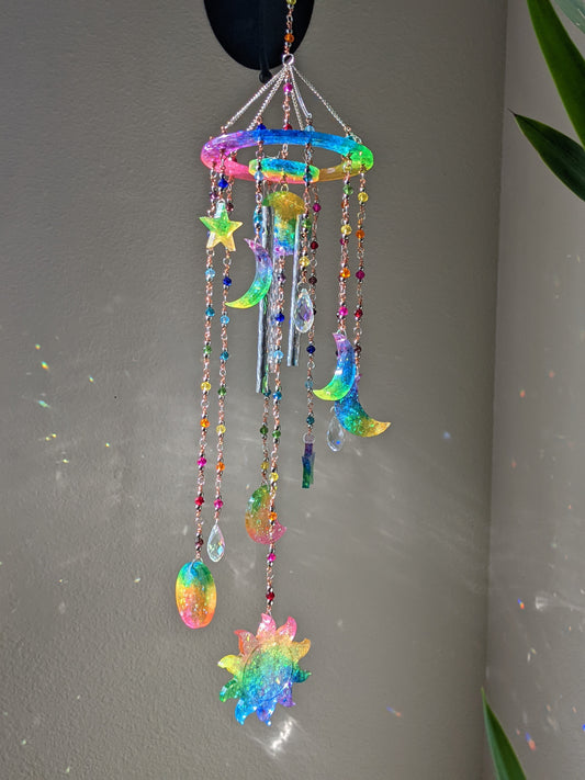 Rainbow Sun & Moon Windchime Suncatcher - Keychain