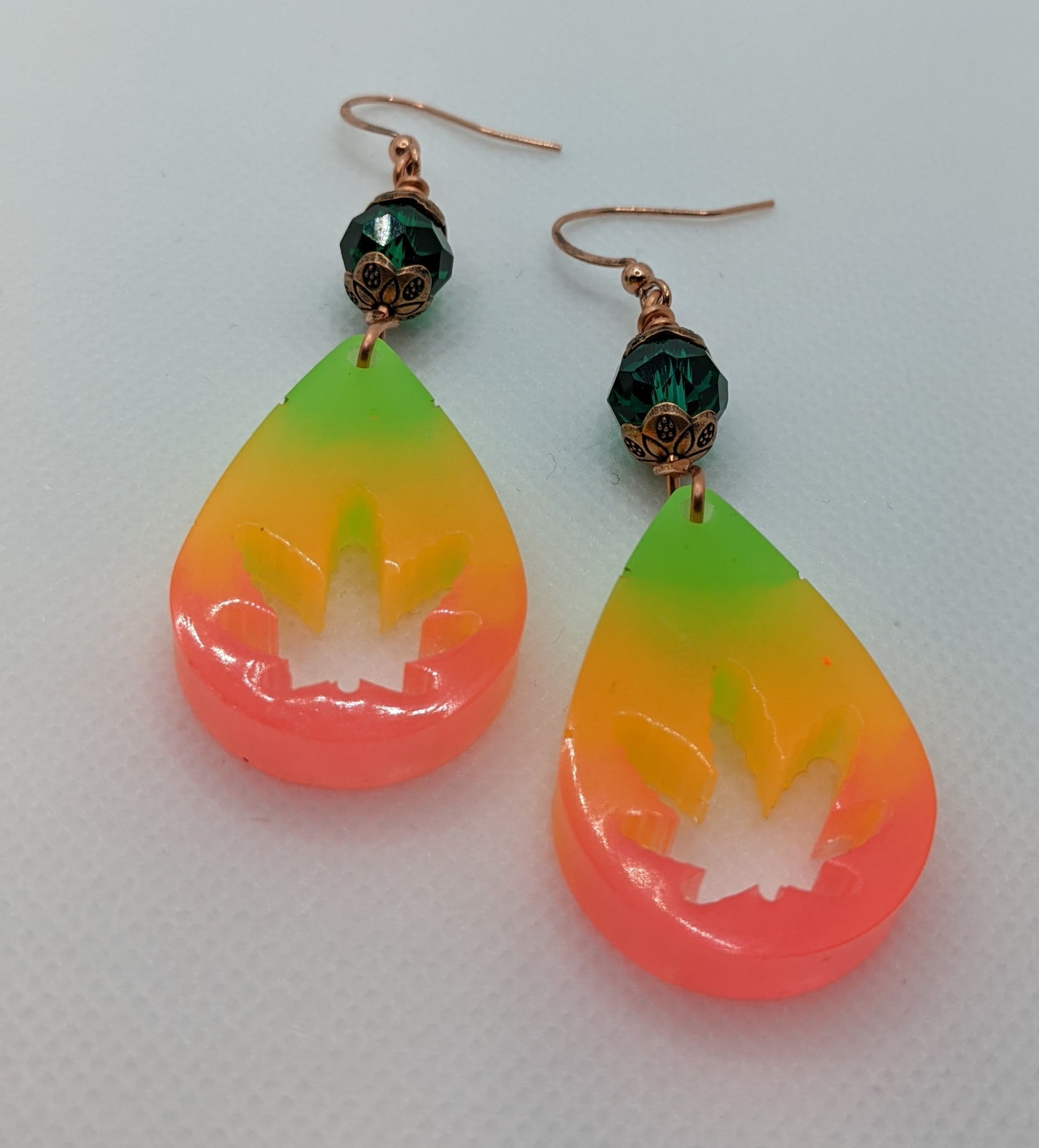 Green, Orange & Pink Teardrop Leaf Earrings - Earrings