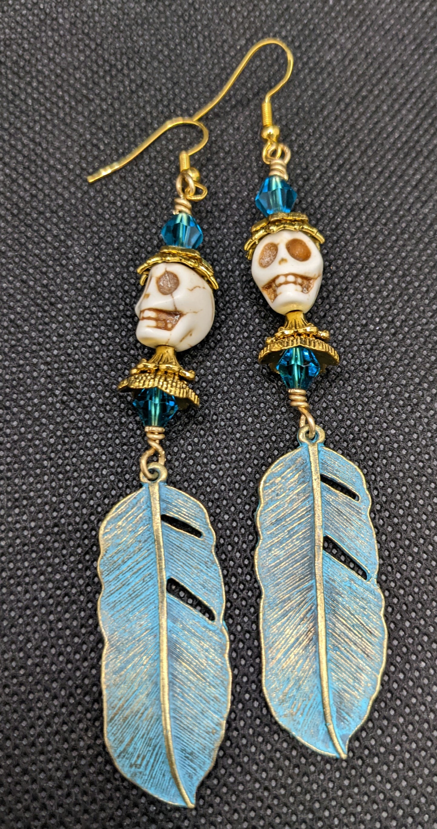 Skull and Patina Feather Earrings - Earrings