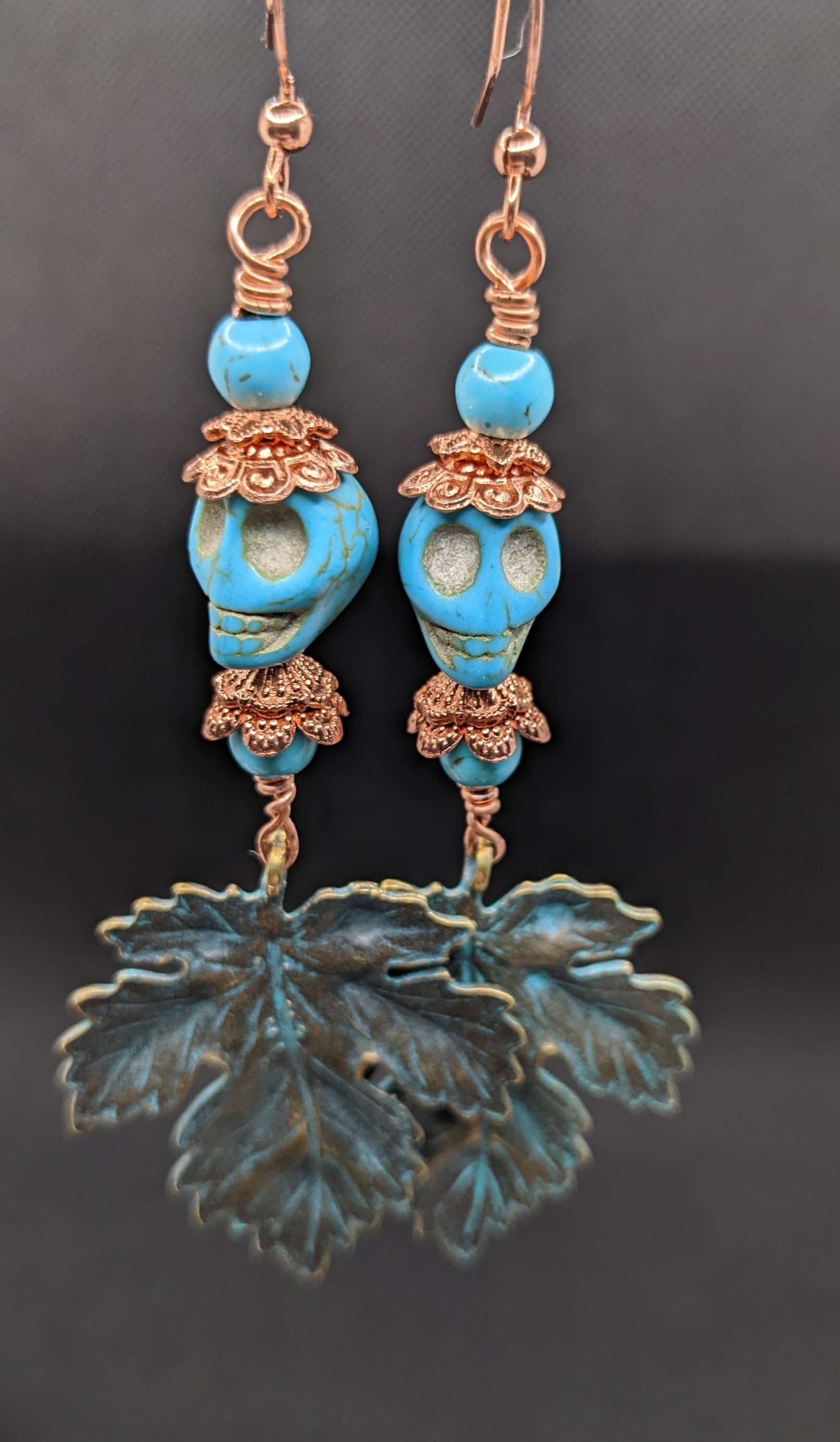 Skull and Patina Leaf Earrings - Earrings