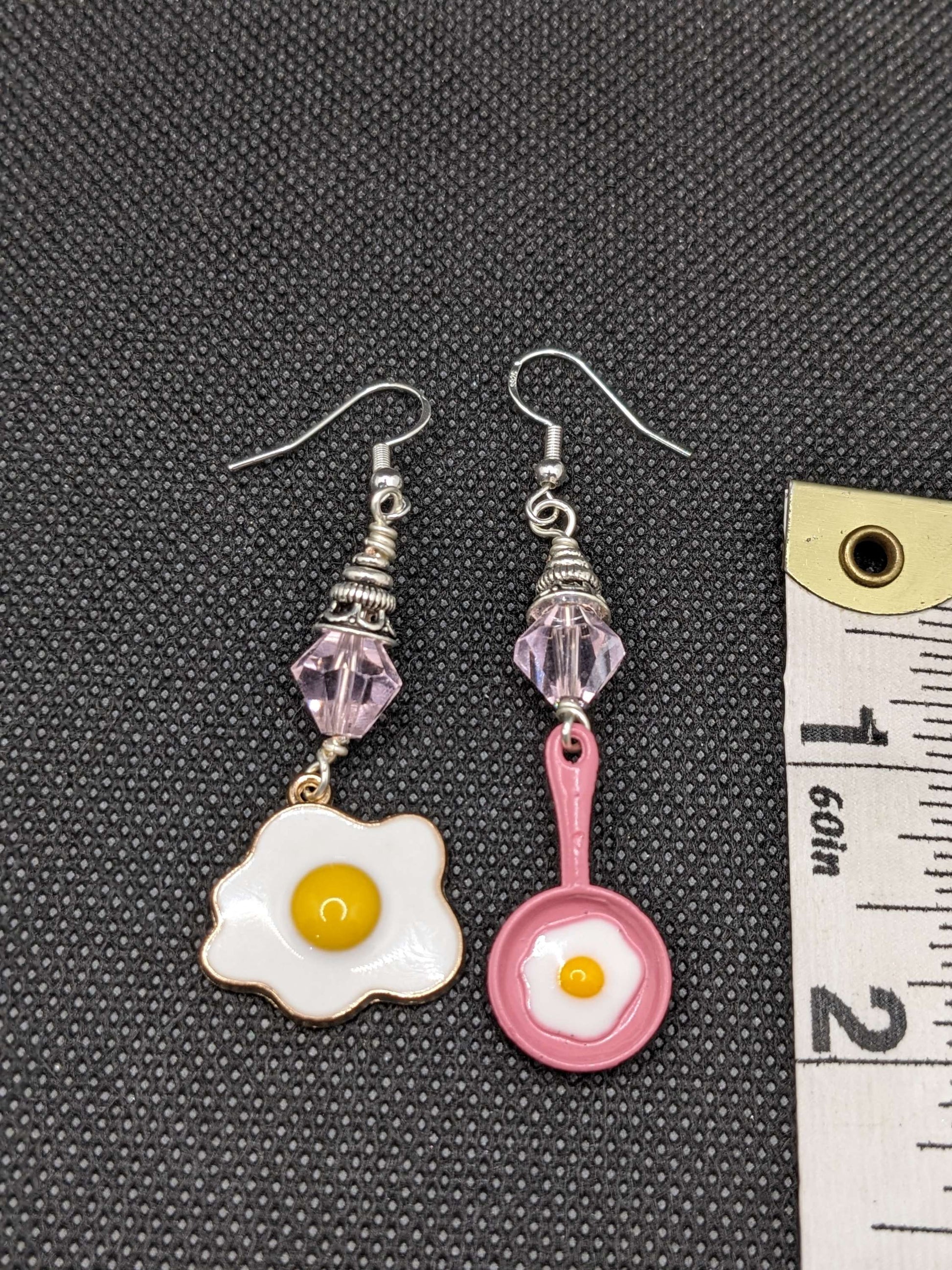 Pink Crystals & Fried Egg in pan Earrings - Earrings